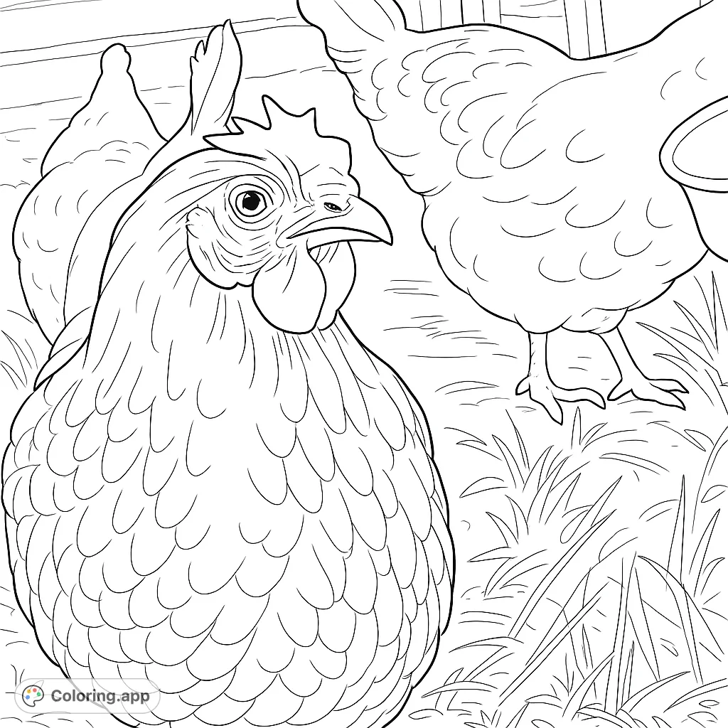 A detailed black chicken with a vibrant comb, standing in a farmyard with other hens in the background, ready for coloring.