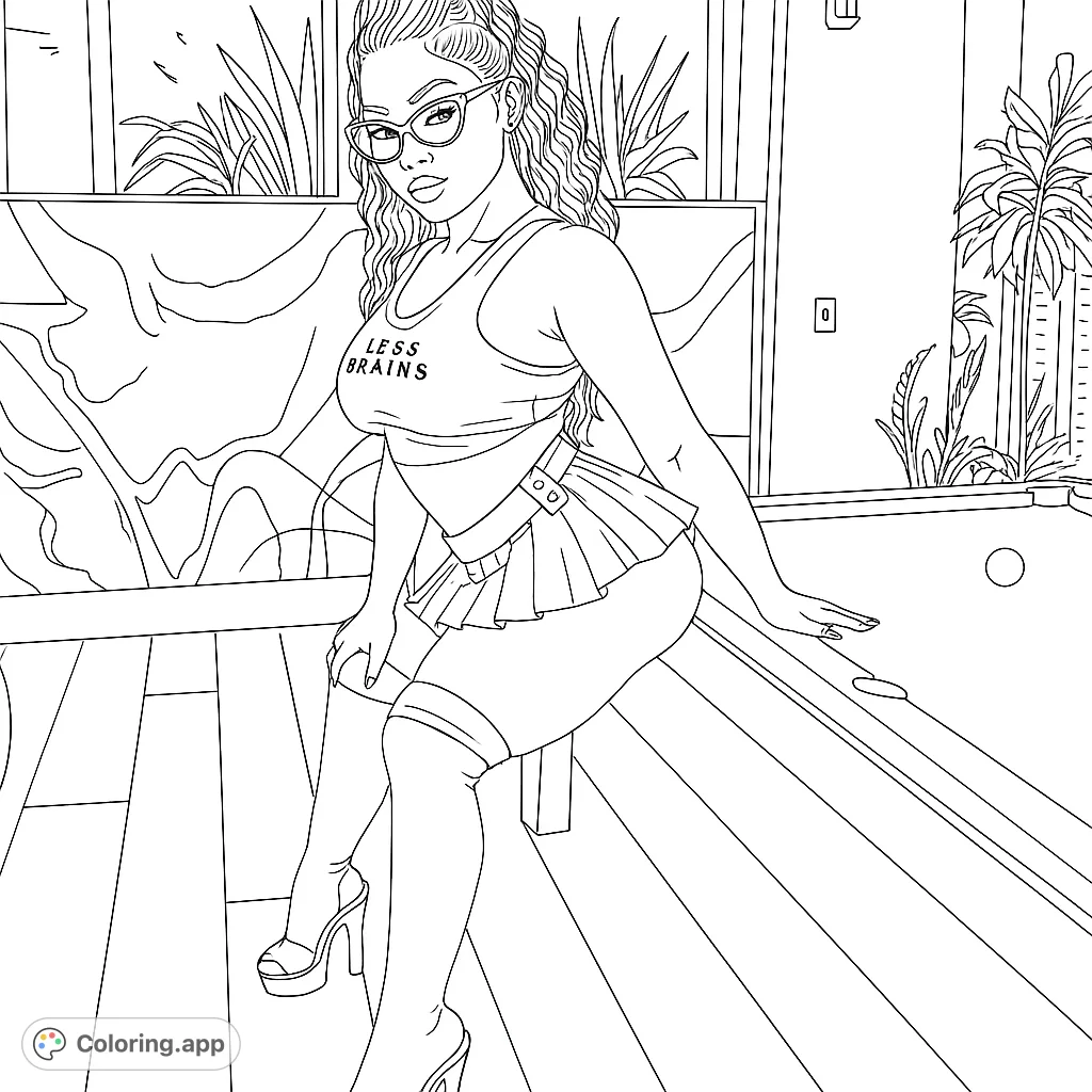 A stylish woman in a cropped top and pleated skirt poses by a pool table, perfect for adult coloring enthusiasts seeking a modern fashion theme.