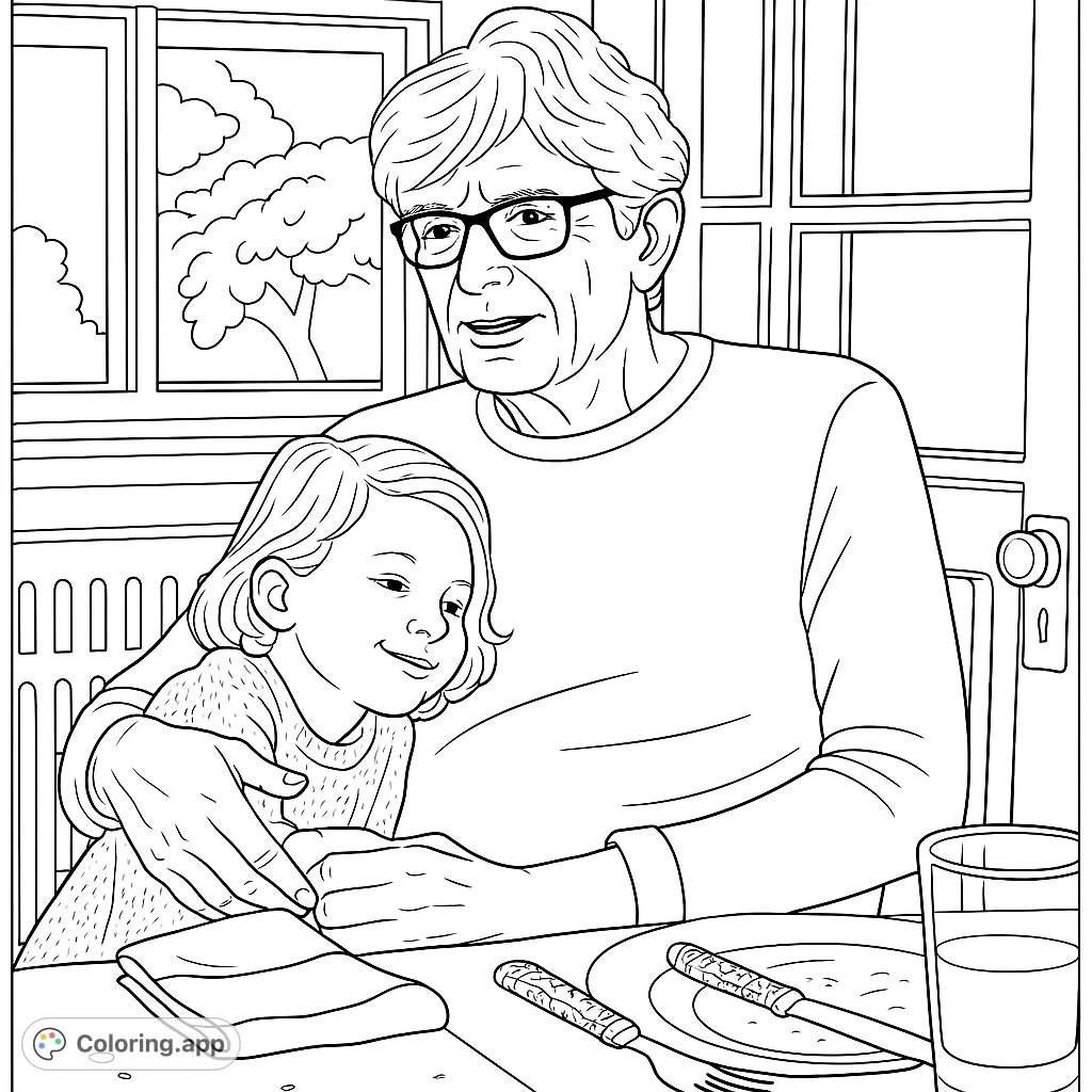 A heartwarming scene of an older person embracing a young child at a table, perfect for a family-themed coloring page.