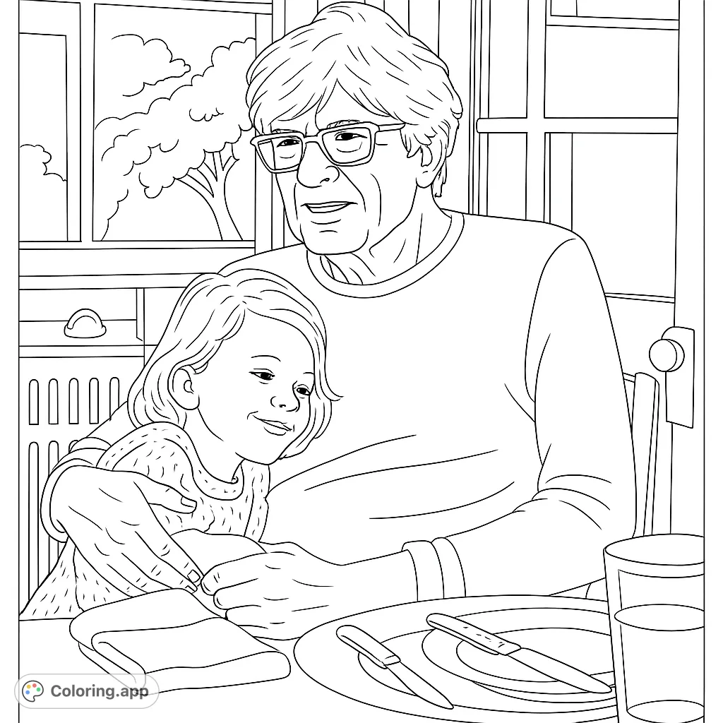 A heartwarming family coloring page featuring a grandparent embracing a child at a table, perfect for all ages. Free printable family coloring page.