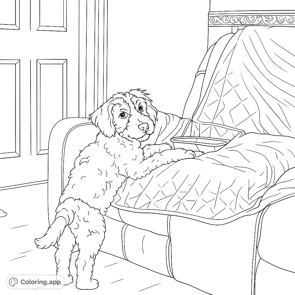 A charming puppy stands on a cozy sofa, ready for a fun coloring adventure. Perfect for animal lovers and all ages!