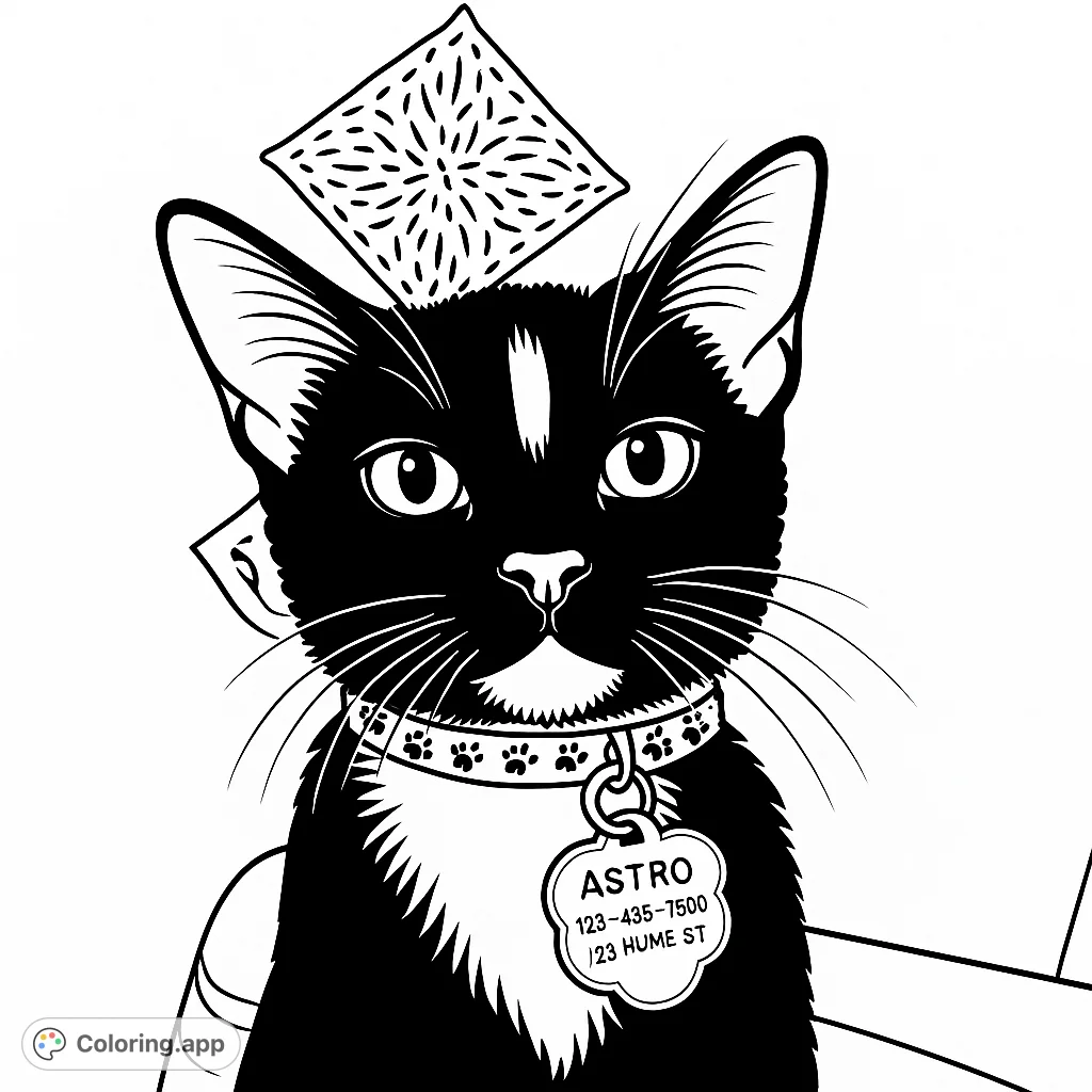 An adorable tuxedo cat with a patterned collar and tag, looking directly at you. Perfect for cat lovers to color and personalize.