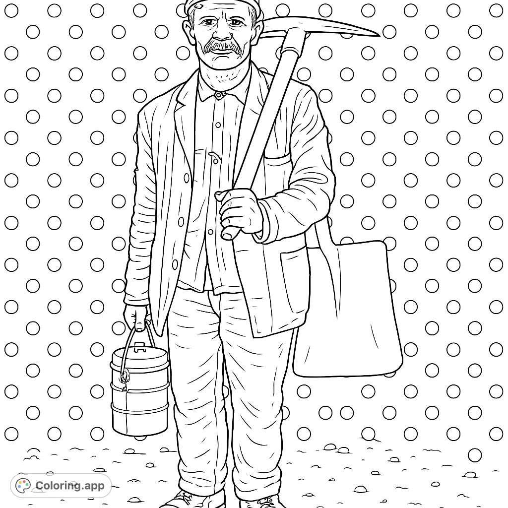 A powerful miner stands with his pickaxe and lunch pail, ready for work. This detailed miner coloring page captures a historical figure with a polka dot background.