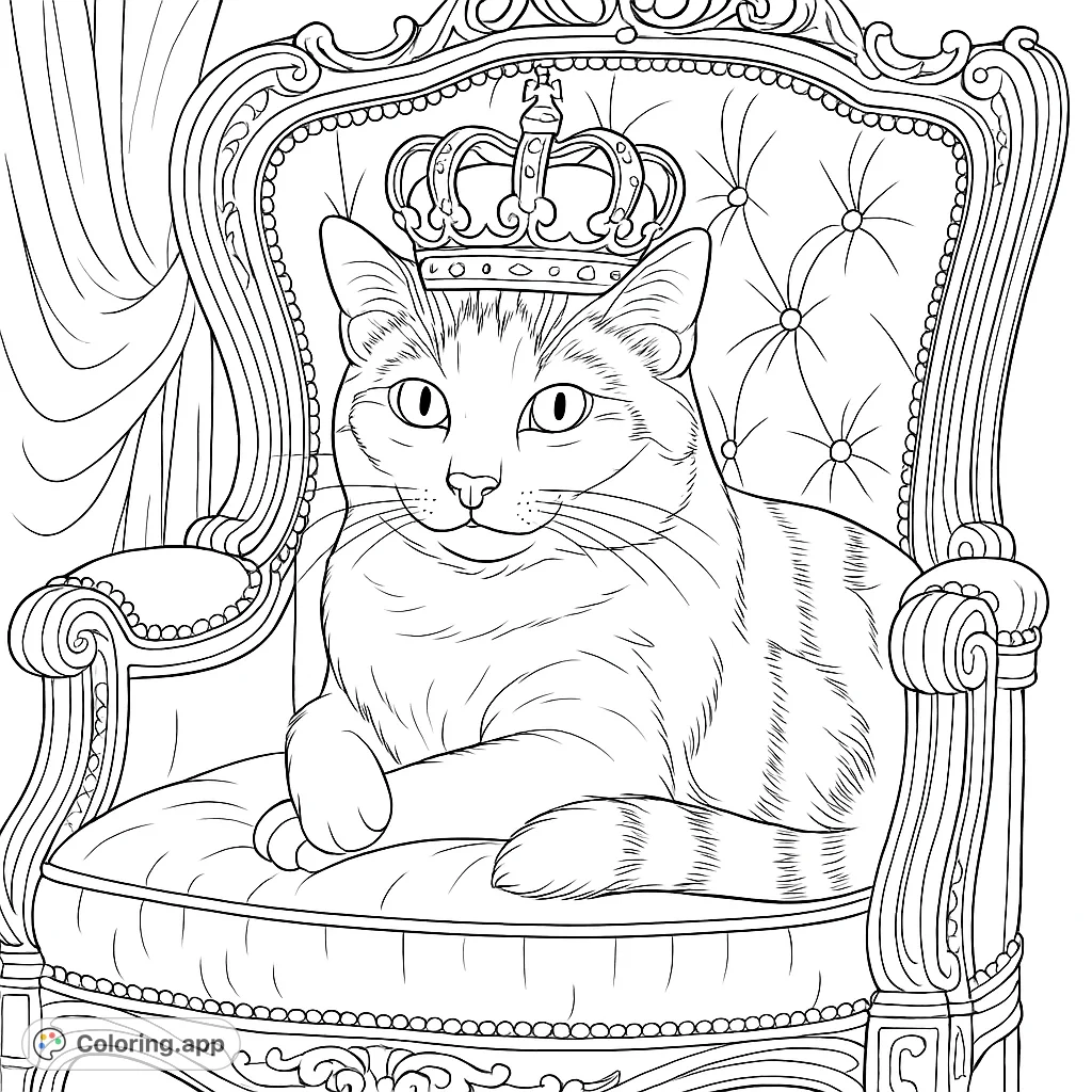 Color a majestic cat wearing a crown, seated on an ornate, royal throne. Perfect for animal lovers and those who enjoy intricate details.