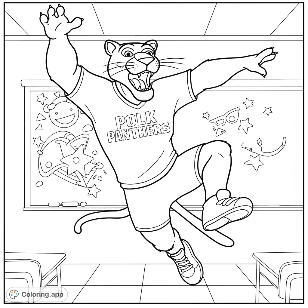 A dynamic black and white line drawing of a brave panther mascot leaping in a classroom, surrounded by desks and a blackboard with stars and hearts. Perfect for all ages!