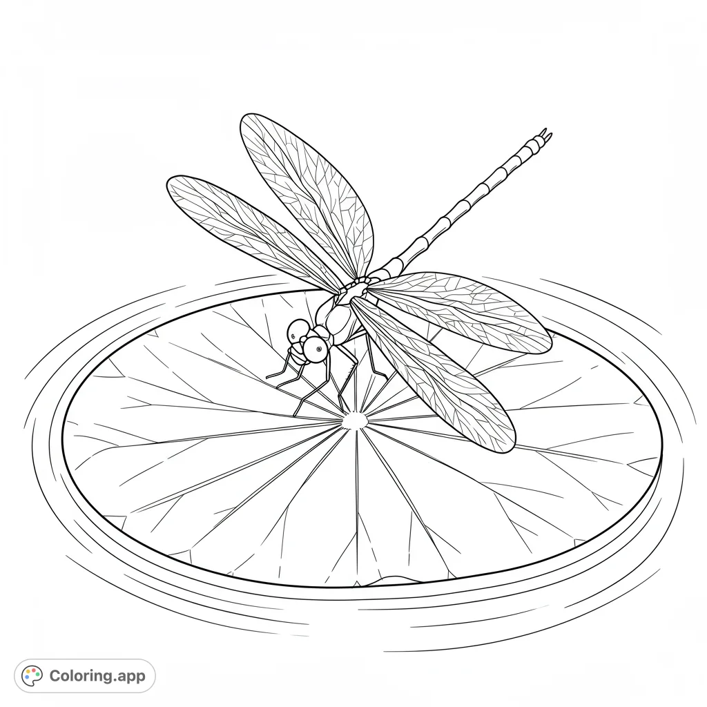 A serene dragonfly rests on a lily pad, surrounded by calm pond water. Perfect for a peaceful nature coloring experience.