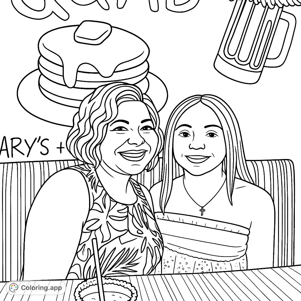 Two smiling women at a cafe table with a drink and fun food illustrations in the background. A delightful scene for a free printable coloring page.