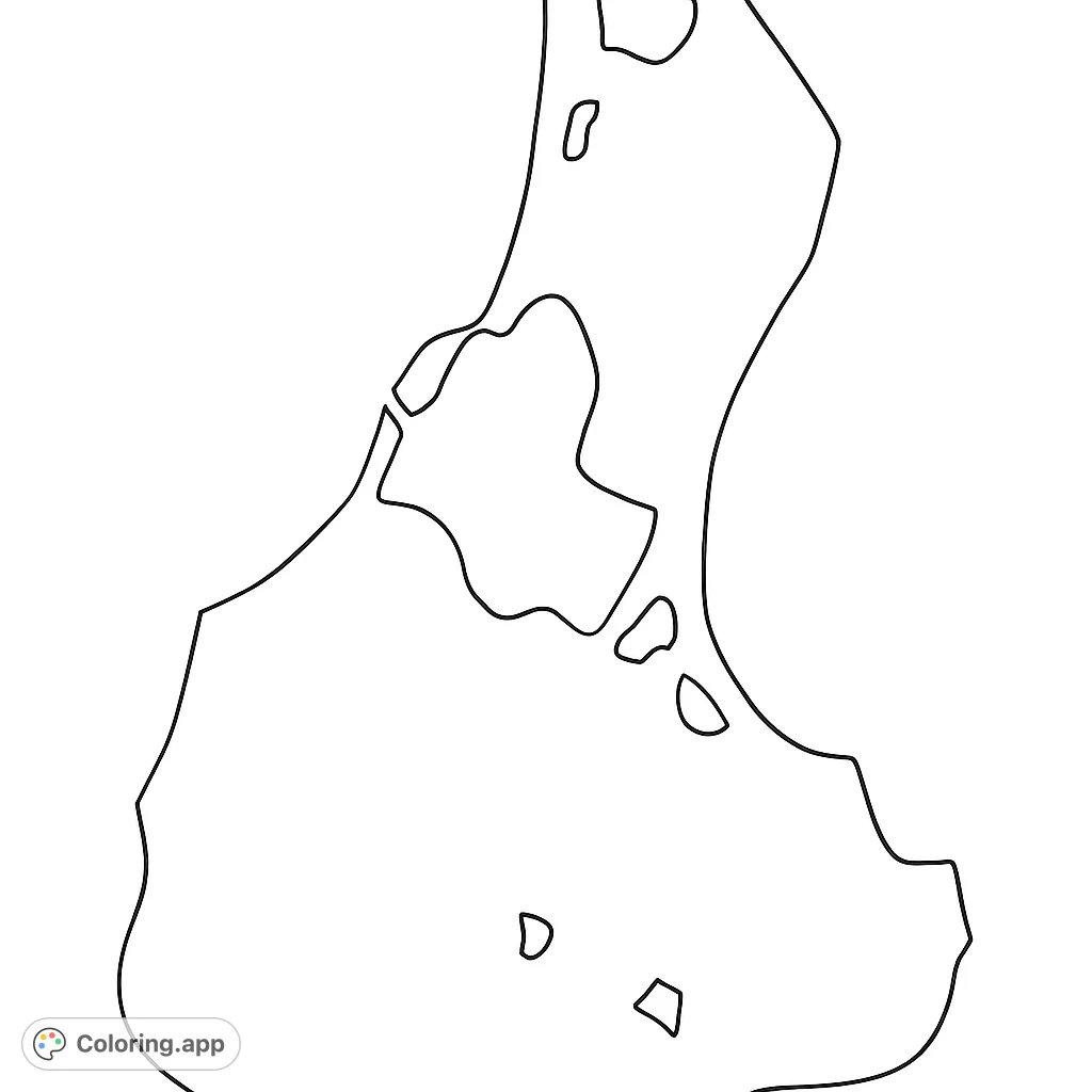 An abstract island outline with internal lakes, perfect for exploring geography or creative coloring. A free printable map coloring page for all ages.