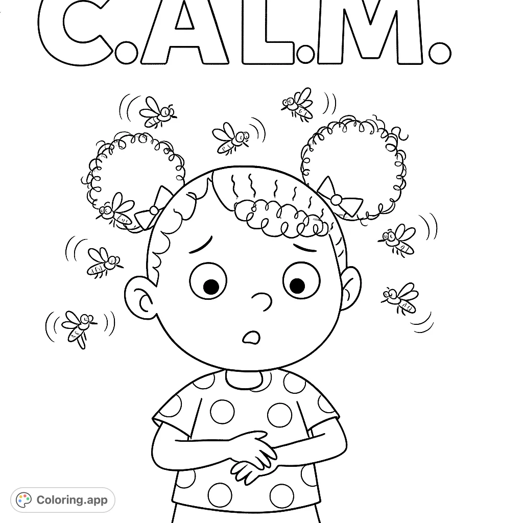 A charming calmness coloring page featuring a surprised girl with buzzing insects, perfect for a free printable coloring page, kids coloring page, and mindfulness coloring pages for kids and adults.