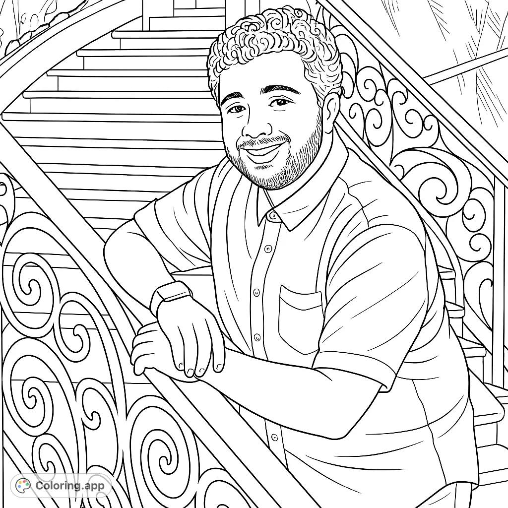 A smiling man with curly hair and beard leans on an ornate railing, set against a grand staircase, ready for vibrant colors.