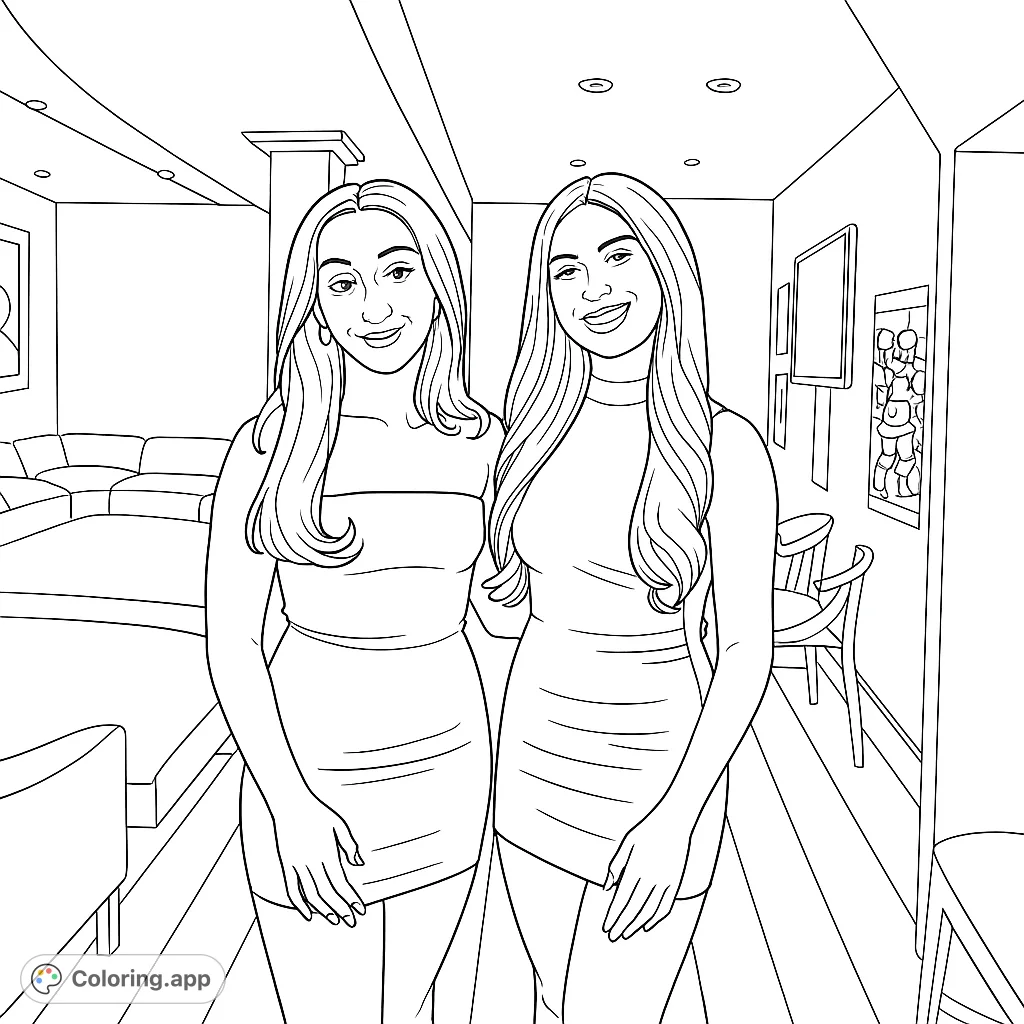 A vibrant party scene featuring two smiling friends in stylish dresses, ready for a fun night. Perfect for fashion and friendship coloring page enthusiasts.