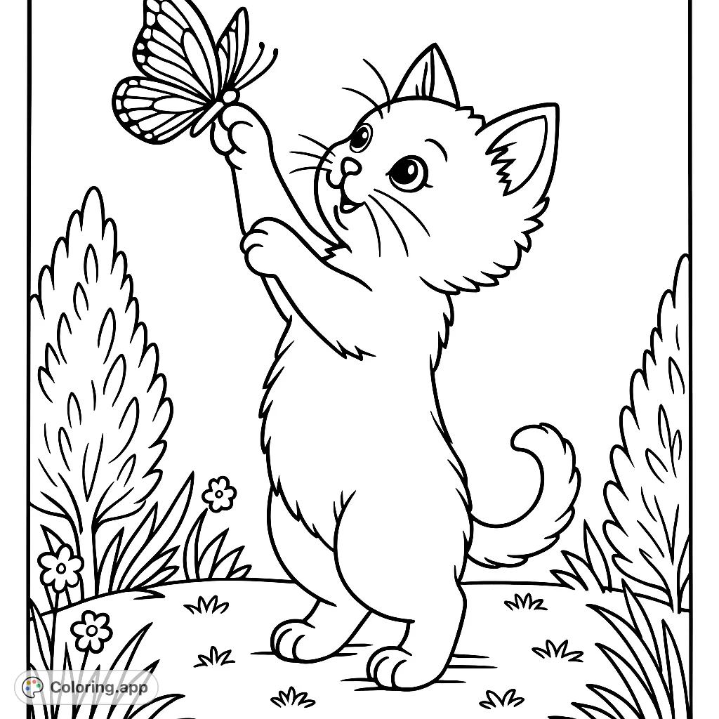 A charming kitten reaches playfully for a delicate butterfly amidst a grassy outdoor scene. Perfect for animal lovers and nature enthusiasts.