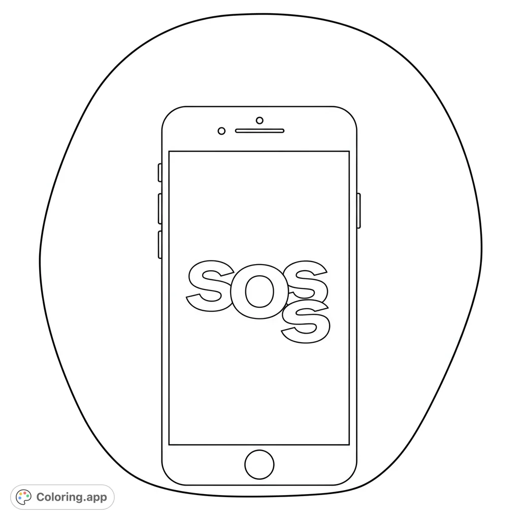 Color a modern smartphone displaying 'SOS' on its screen, set within a sleek frame. Perfect for tech enthusiasts and a fun, simple coloring activity.