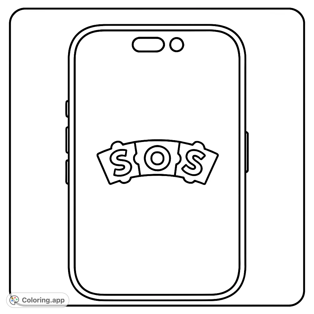 Color a modern smartphone displaying 'SOS' letters in distinct shapes. A simple, clear design for all ages.