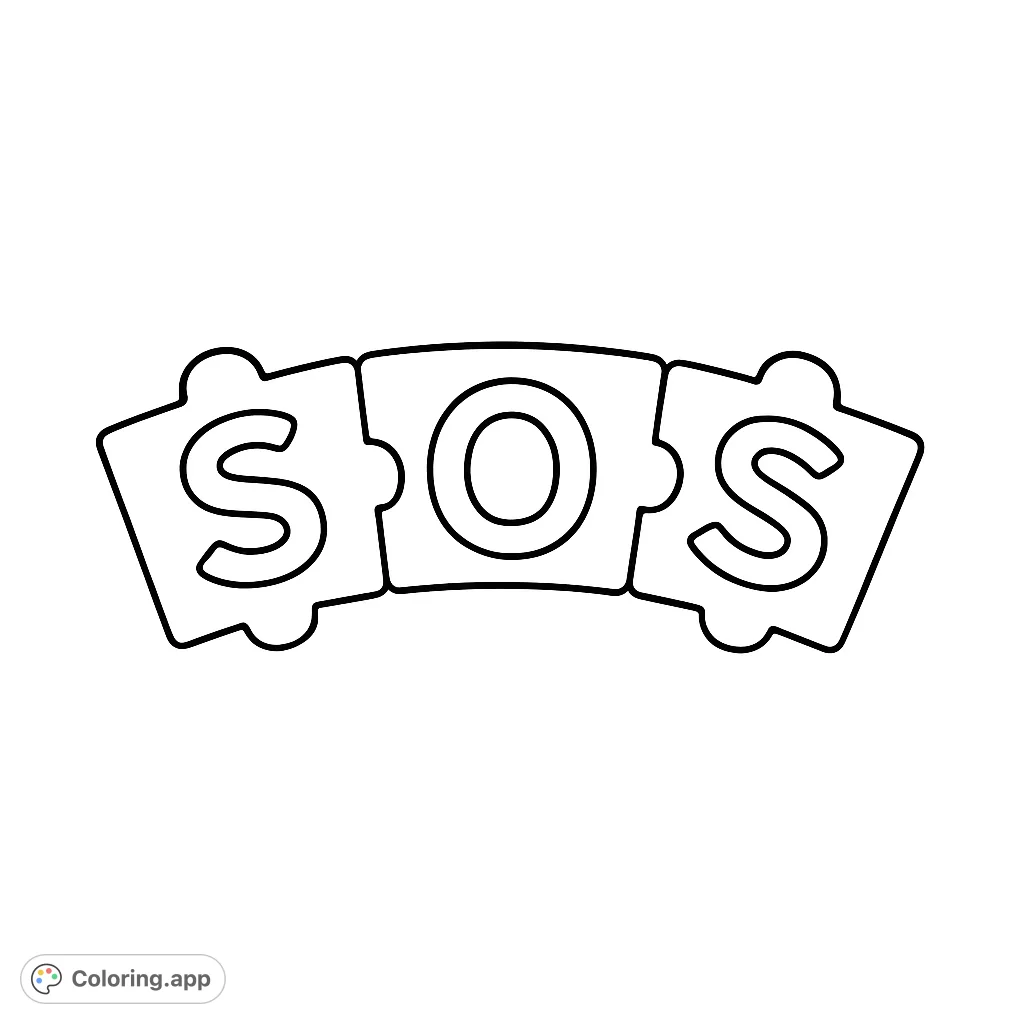 A fun SOS puzzle message coloring page, perfect for all ages. Features bold letters on interlocking shapes, ready for your creative touch!