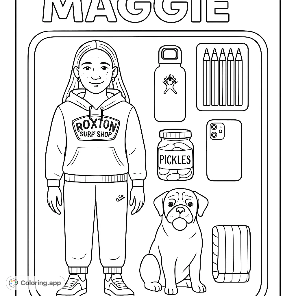 A fun doll-themed coloring page featuring a girl figure, her loyal dog, and a collection of everyday accessories neatly arranged in a toy blister pack.