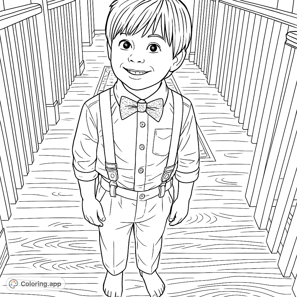 A delightful boy in a shirt, suspenders, and bow tie, standing barefoot in a hallway with wooden floors and railings. Perfect for a charming coloring session.