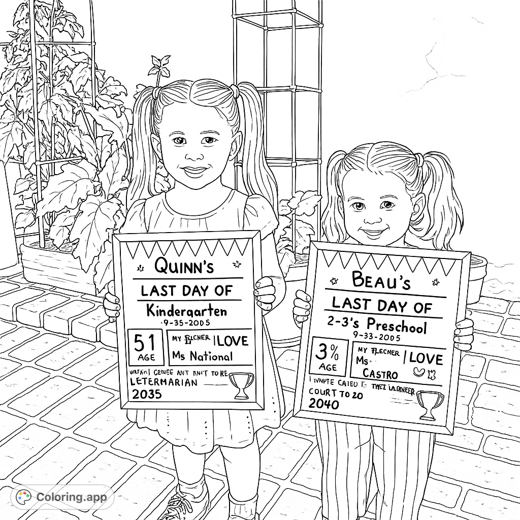 Two happy girls hold 'Last Day of School' signs on a brick patio, surrounded by garden plants. Perfect for celebrating milestones!