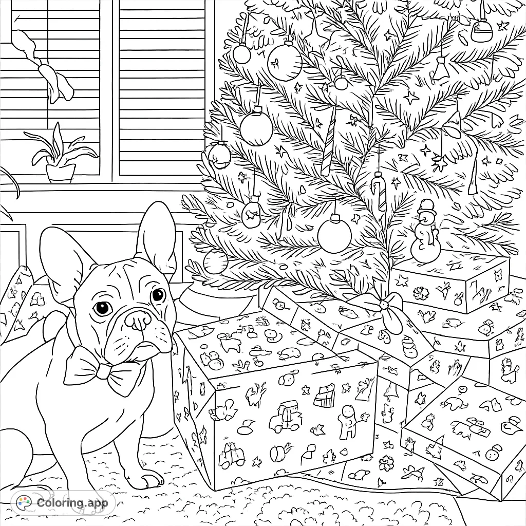 A cute French Bulldog in a bow tie sits by a festive Christmas tree surrounded by patterned presents, ready for holiday coloring fun.