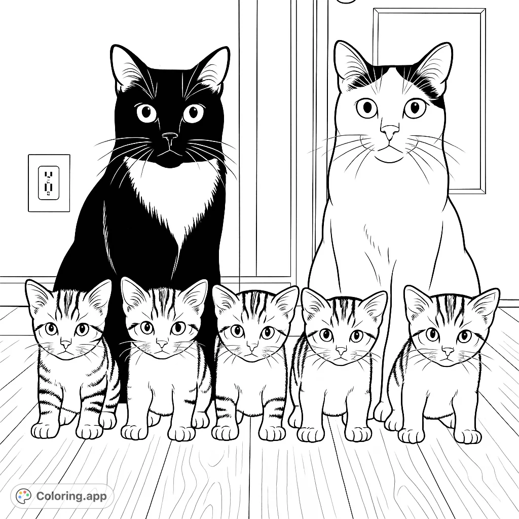 An adorable cat family portrait featuring two adult cats and five cute kittens. Perfect for animal lovers and a fun coloring activity.