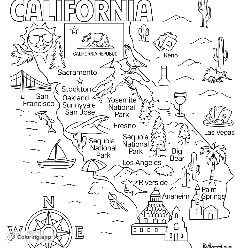 Explore California's iconic landmarks and symbols on this detailed map coloring page, perfect for learning and creative fun.