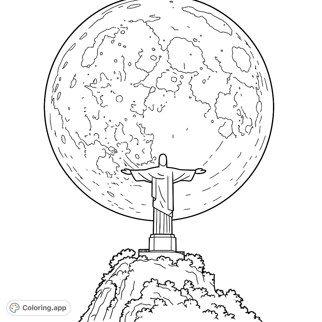 A stunning Christ the Redeemer statue appears to hold a giant full moon above a detailed mountain. A celestial and iconic scene for coloring.