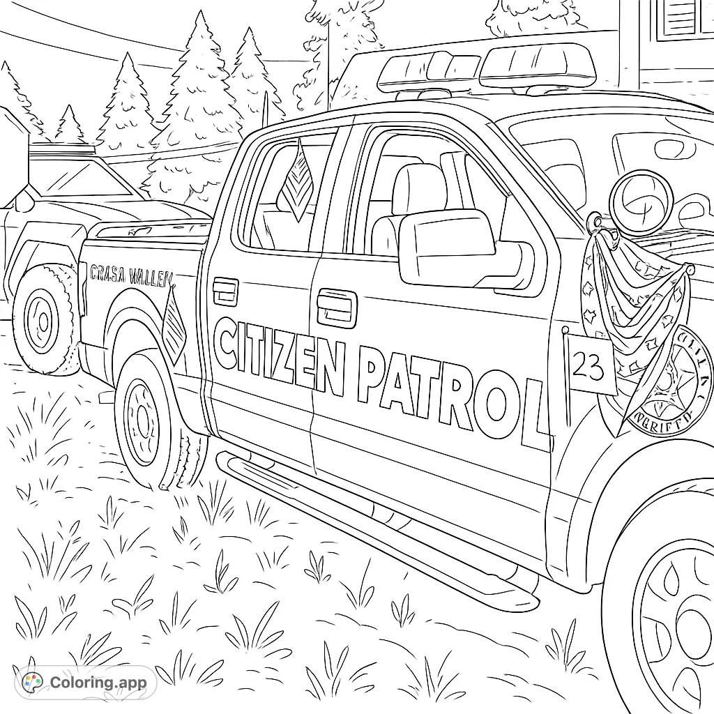 A detailed citizen patrol truck with patriotic decor and an armored vehicle, perfect for a community patrol coloring page.
