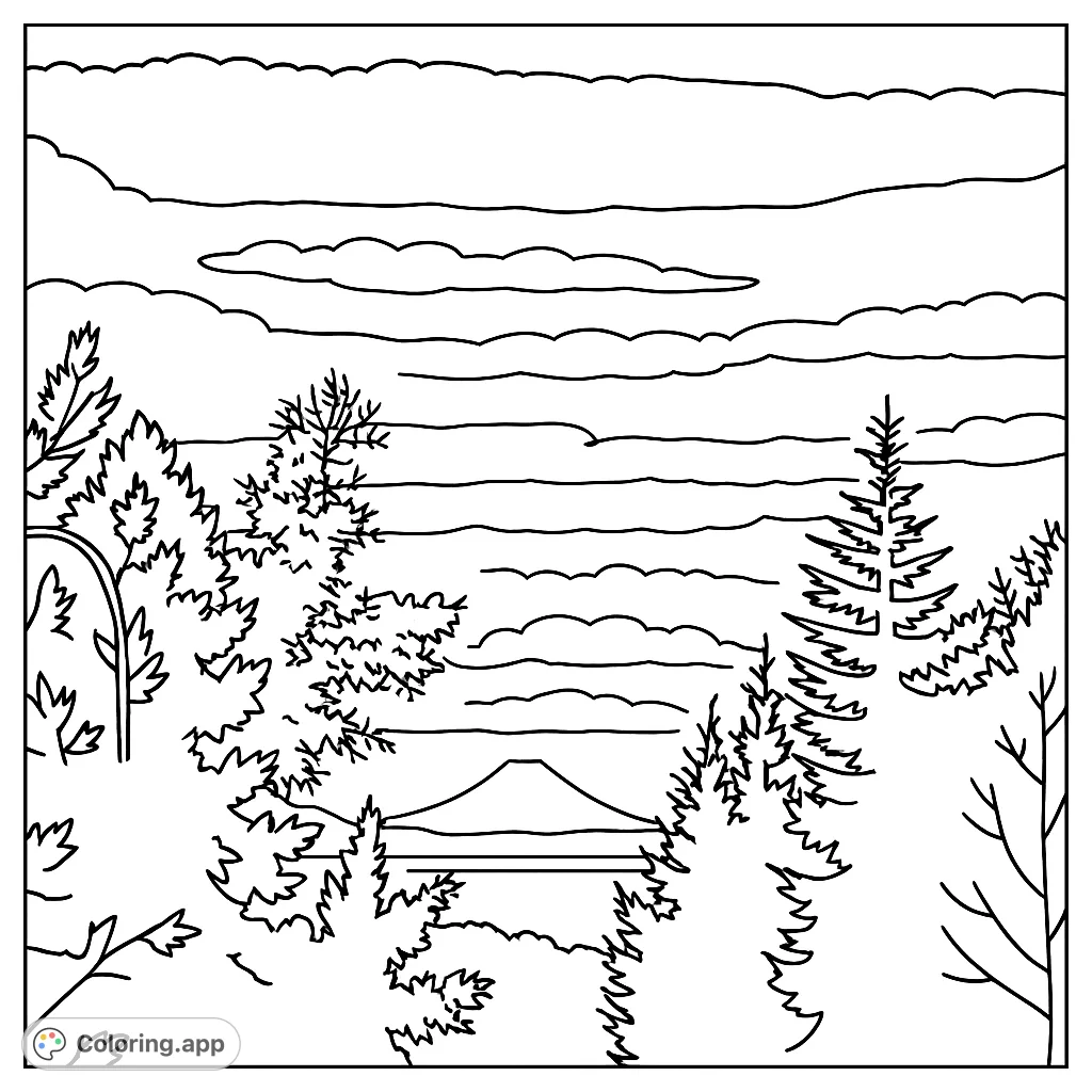 A beautiful mountain sunset landscape coloring page with silhouetted trees, a distant peak, and layered clouds, perfect for nature lovers.
