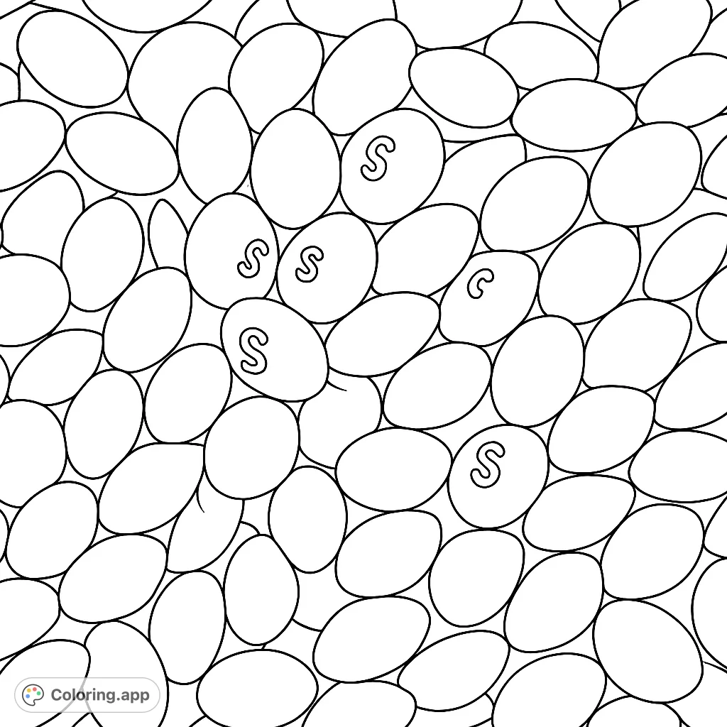 Dive into a delightful candy coloring page! A vibrant assortment of smooth, oval candies fills the frame, perfect for creative color exploration and fun.