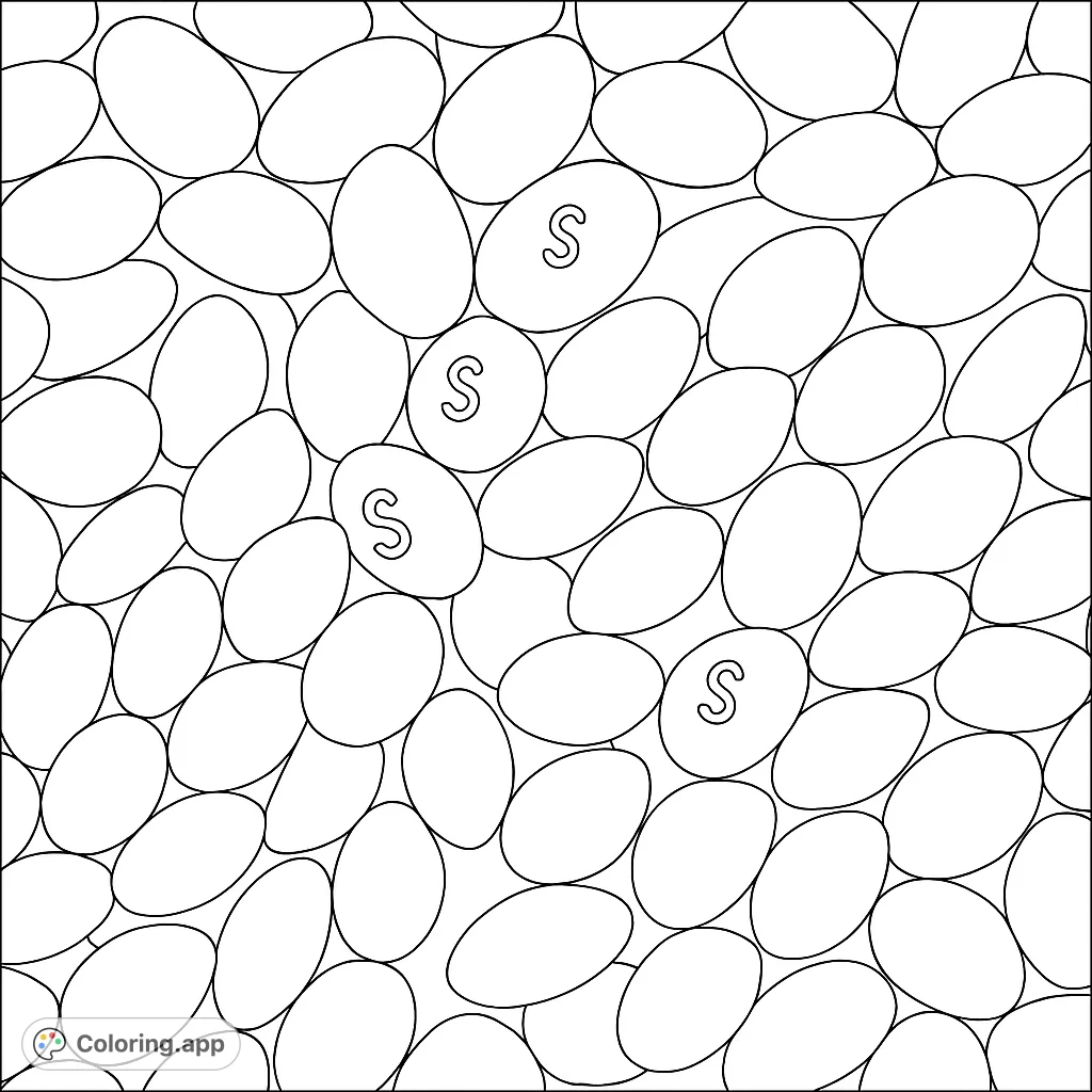 A delightful close-up of numerous sweet candies, tightly packed and ready for a burst of vibrant color. Perfect for a fun, detailed coloring experience.