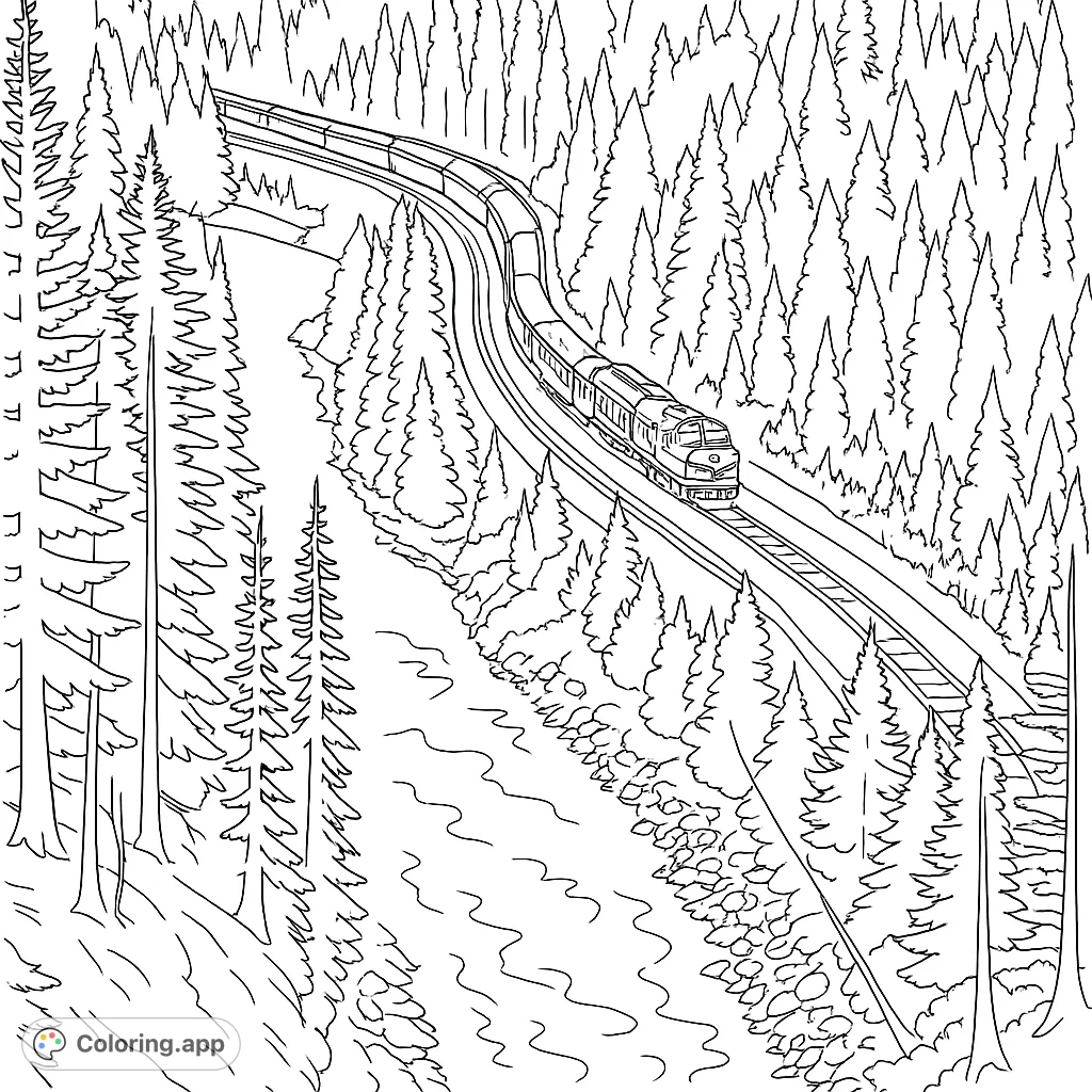 A majestic train winds through a dense forest alongside a flowing river, offering a scenic journey through a natural landscape.