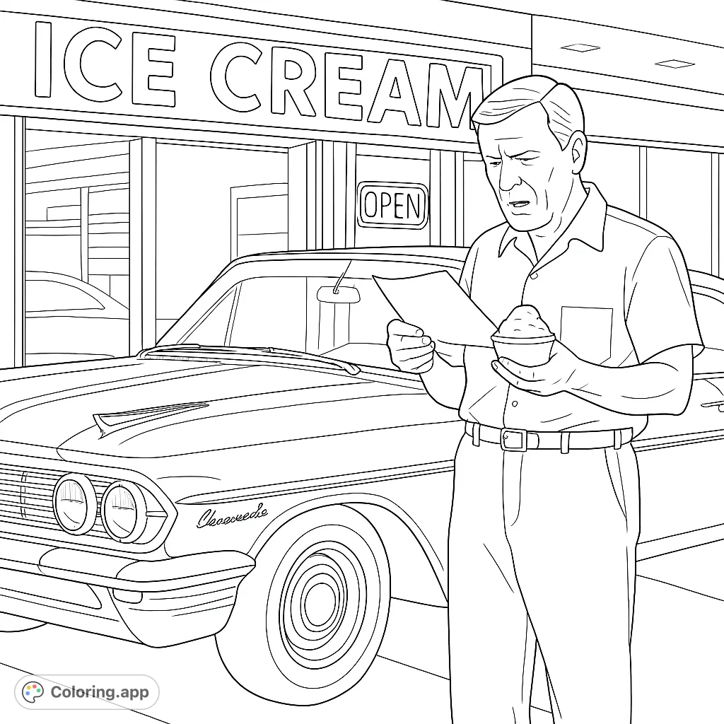 Step back in time with this vintage scene featuring a man, a classic car, and an ice cream shop. A delightful retro coloring experience.