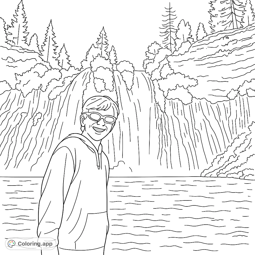 Capture the grandeur of a multi-tiered waterfall with a young adventurer. A stunning nature scene perfect for a relaxing coloring experience.