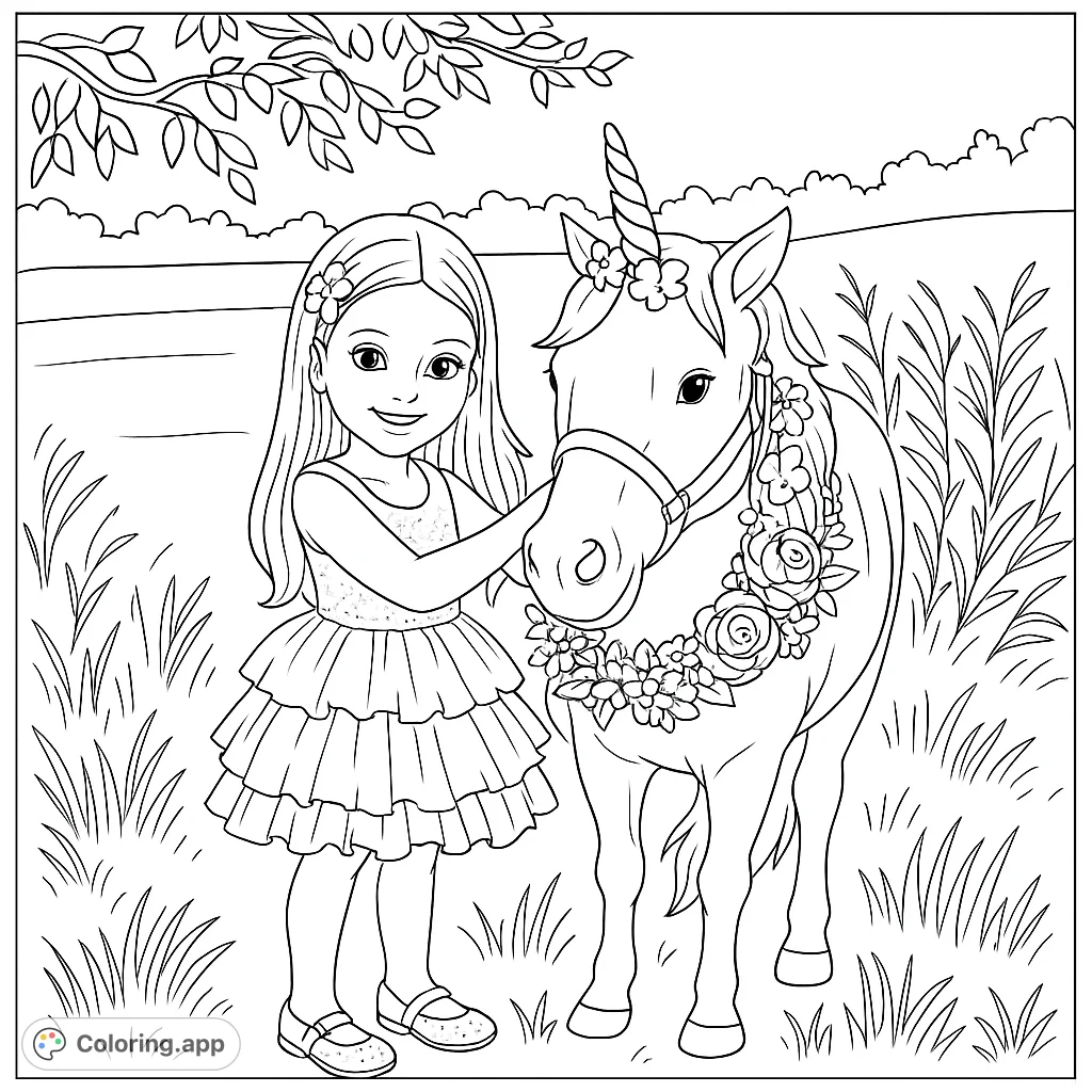 A charming unicorn coloring page featuring a smiling girl and her magical unicorn friend adorned with flowers in a beautiful field. Perfect for fantasy lovers!