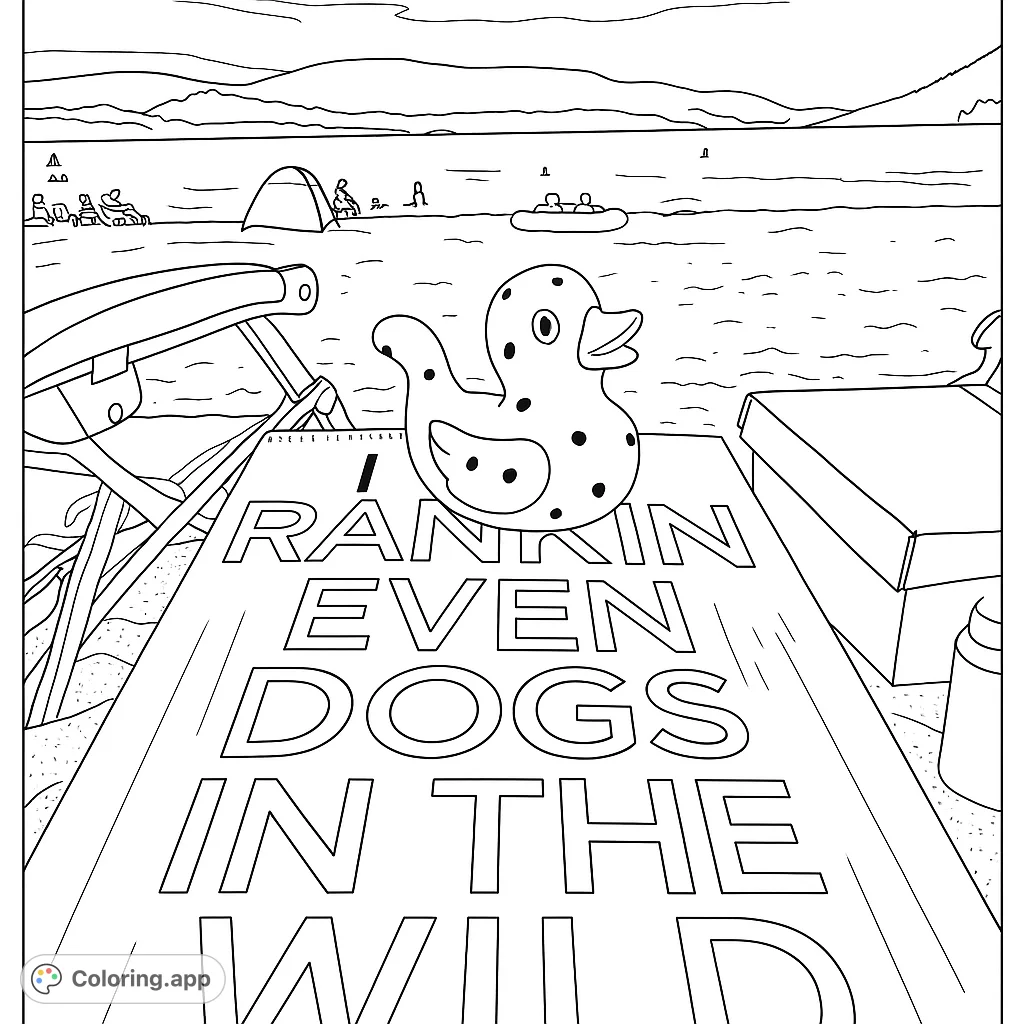 A charming spotted duck toy rests on a book at a sunny beach, with distant mountains and a calm lake, perfect for a relaxing coloring escape.