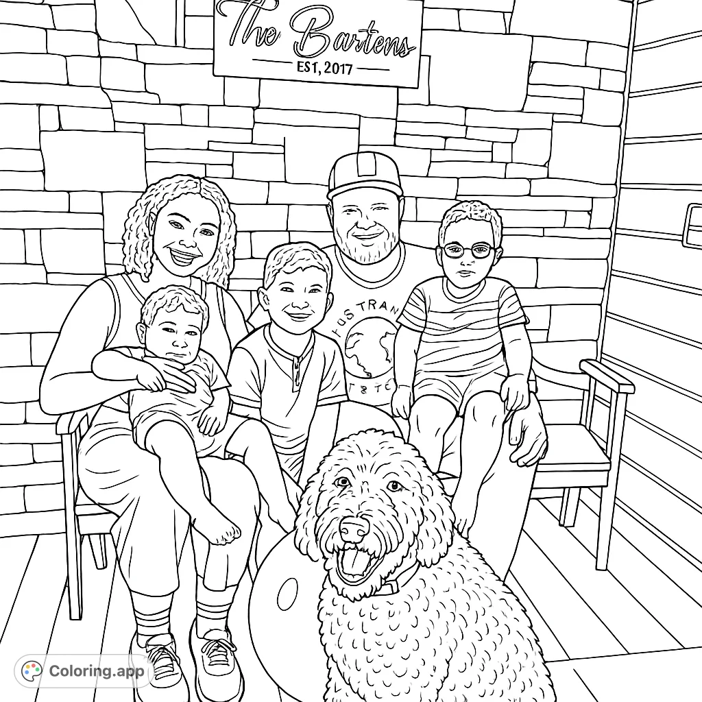 A heartwarming family portrait featuring parents, three children, and their furry dog on a porch, perfect for a family coloring page.