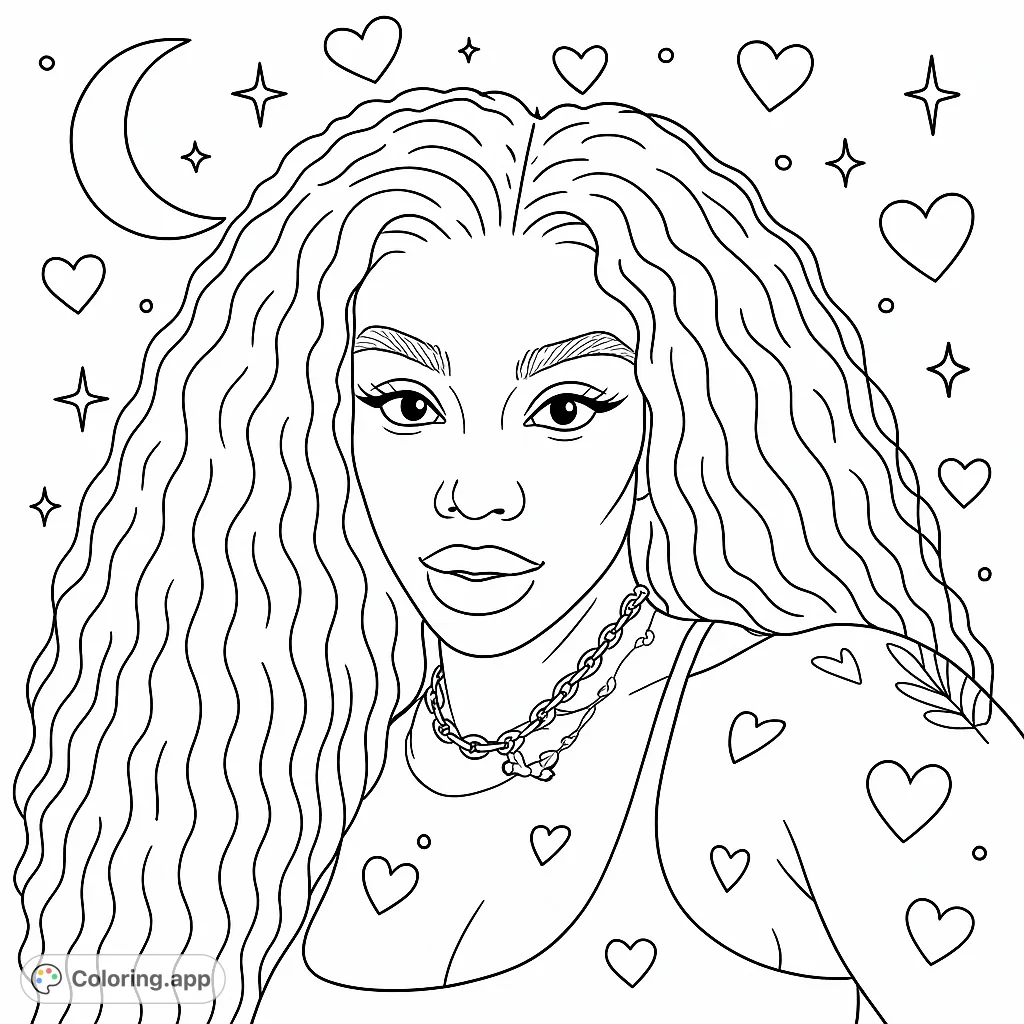 A beautiful, realistic portrait featuring a woman with flowing hair, adorned with subtle heart patterns, set against a cosmic background with a moon. Perfect for mindful coloring.