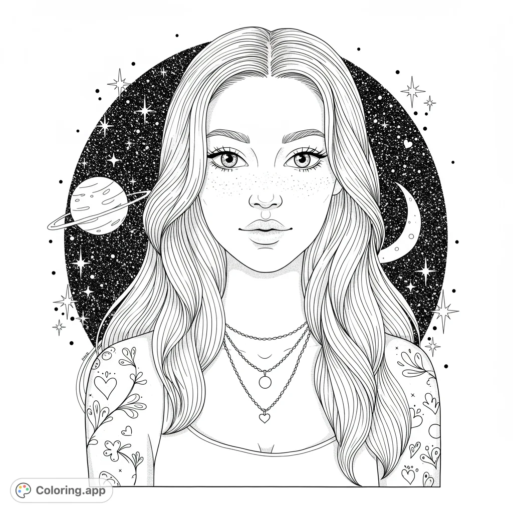 A serene woman's portrait with flowing hair, layered necklaces, and a subtle tattoo, set against a starry, polka-dotted background with decorative hearts.