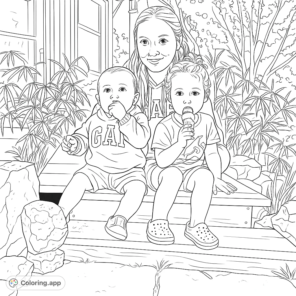 A heartwarming scene of a young woman with two children sitting on outdoor steps, surrounded by lush greenery. Perfect for family-themed coloring.