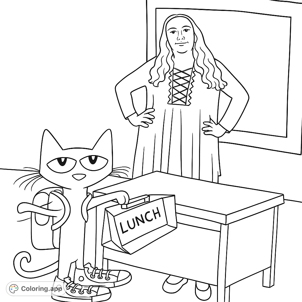 A fun Pete the Cat coloring page featuring the cool cat with his lunchbox at a desk, with a teacher in the background. Perfect for school-themed coloring.