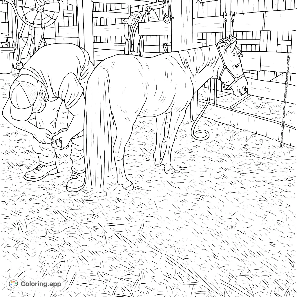 A detailed farrier coloring page featuring a person trimming a pony's hoof in a rustic barn, perfect for animal and farm enthusiasts.