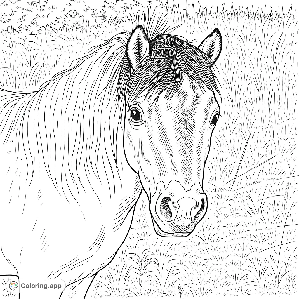 A charming pony portrait with an expressive face and flowing mane, set against a grassy field. Perfect for animal lovers to color and personalize.