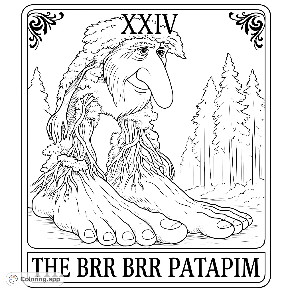 Color a mystical forest creature with a unique face, body of roots and leaves, and giant feet, set against a dense, enchanting forest background.