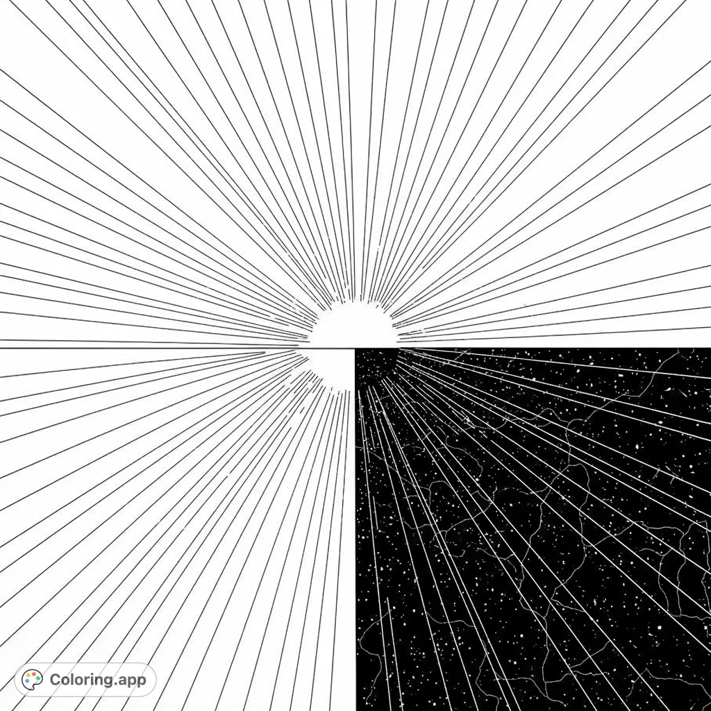 A captivating Genesis 1:1 coloring page depicting the dramatic separation of light and darkness with bold lines and distinct areas, perfect for all ages.