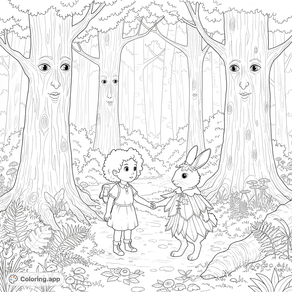 A magical enchanted forest coloring page featuring a lost girl, a guiding bunny in a maple leaf cloak, and wise trees with expressive eyes. Perfect for fantasy lovers!