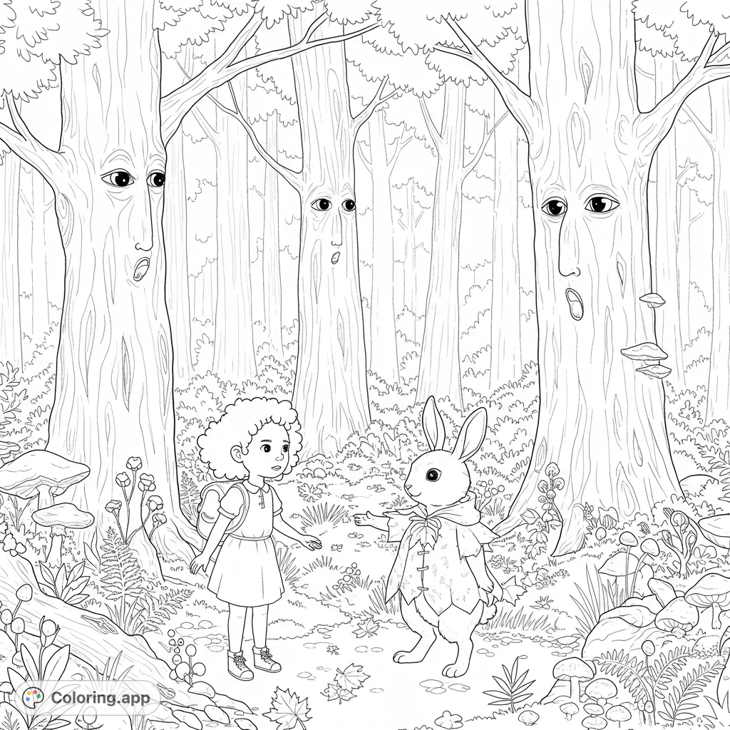 A magical enchanted forest coloring page featuring a lost girl, a guiding bunny in a maple leaf cloak, and wise trees with expressive eyes. Perfect for fantasy lovers!