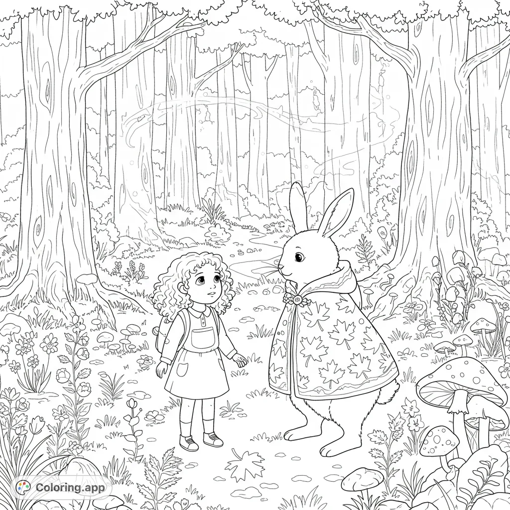 A lost curly-headed girl finds her way through an enchanted forest, guided by a magical bunny in a maple leaf cloak. A whimsical adventure awaits your colors!