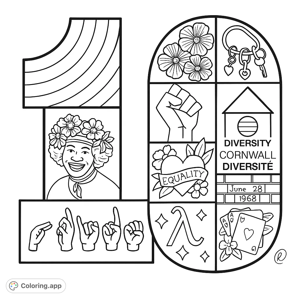 Celebrate diversity with this unique mosaic-style 10, featuring rainbows, symbols of unity, and hands signing 'PRIDE'. A meaningful coloring experience.