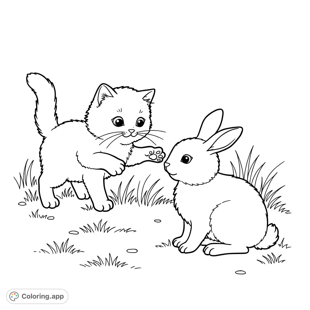 An adorable kitten playfully pounces on a gentle rabbit in this charming black and white line drawing, perfect for animal lovers of all ages.