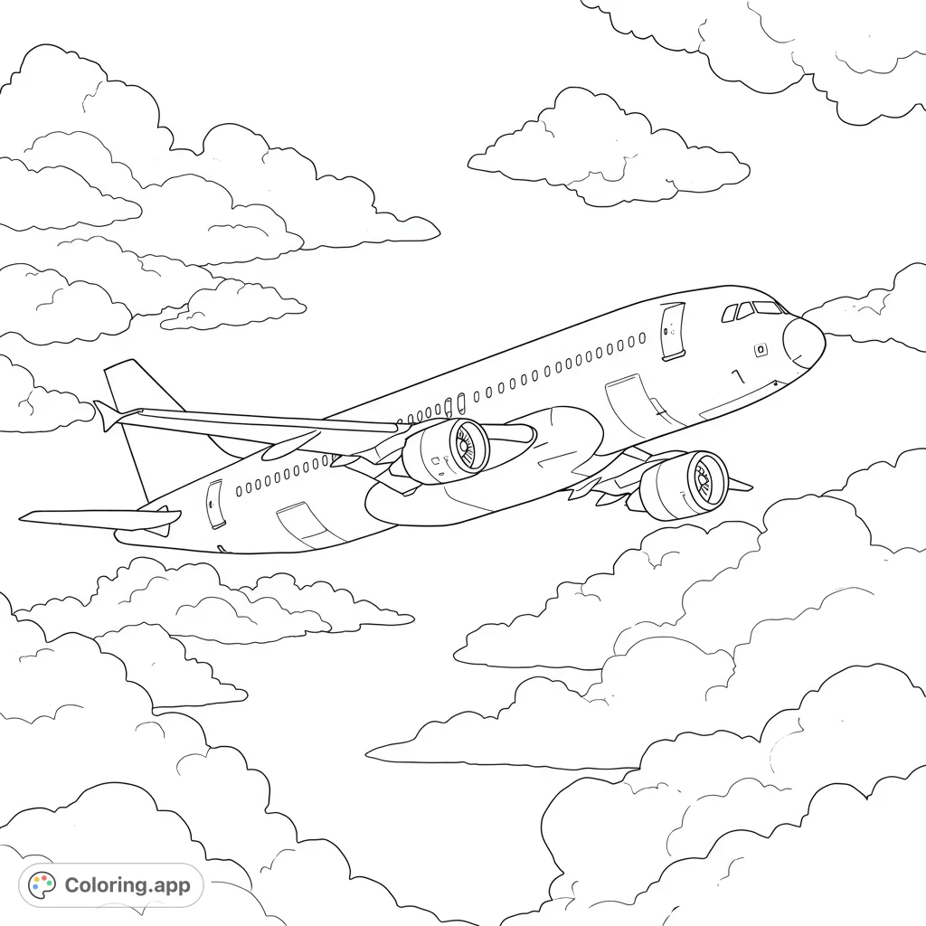 A detailed airplane coloring page featuring a sleek passenger jet soaring through a sky filled with fluffy clouds, perfect for aspiring aviators.